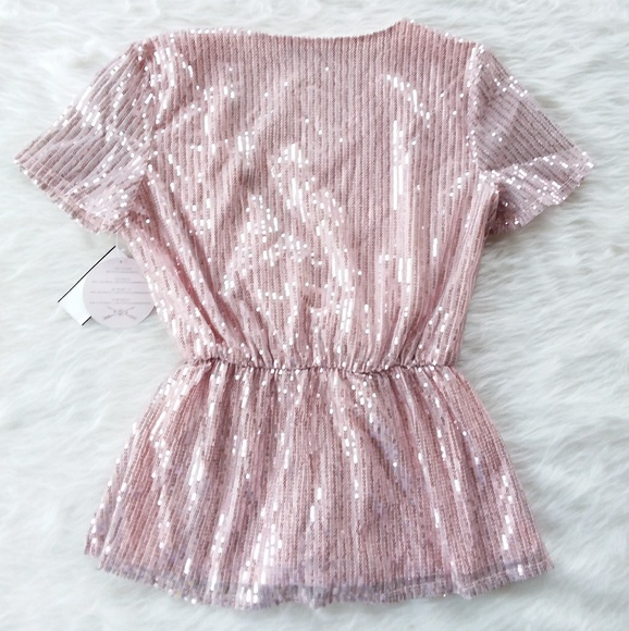 Sequined Top Waist Tie Peplum V Neck Pink - Picture 2 of 5